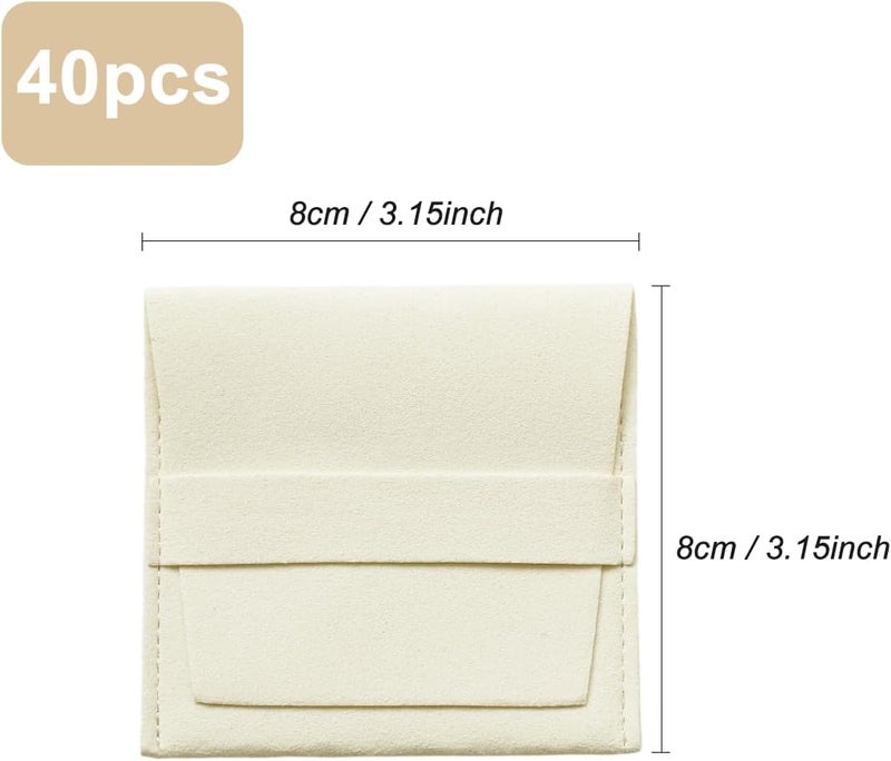 Handmade 40pcs Beige Microfiber Jewelry Pouch 8 x 8cm Jewelry Packaging Bag Luxury Gift Fixed Strap Envelope Style Packaging Small Jewelry Gift Bags for Earrings Necklaces Bracelet Ring - Image 2